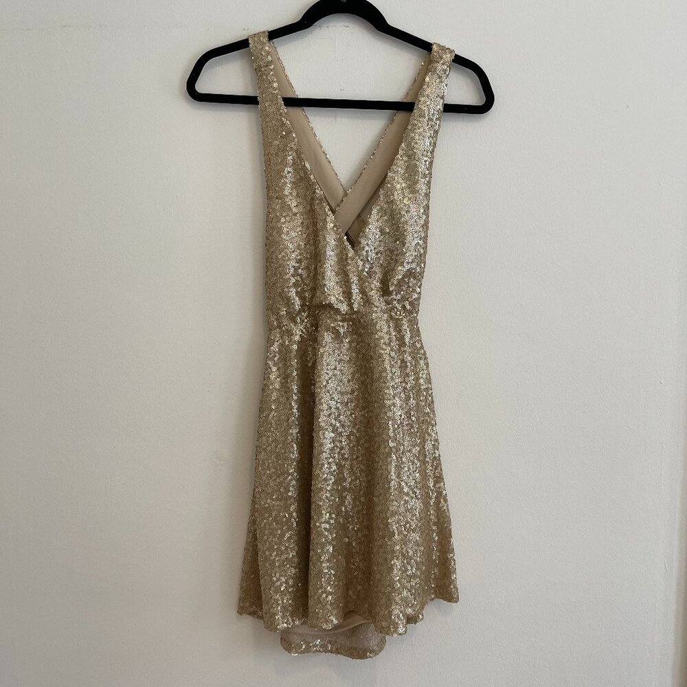 NWT Tobi Gold Sequin Criss Cross Back Mini Dress Size S